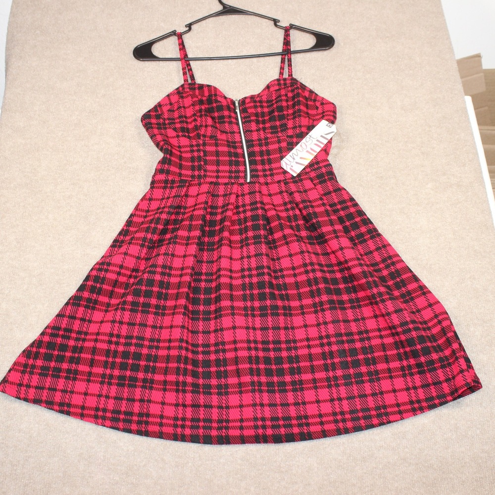 Almost Famous Red Black Plaid Skater Dress Zip Front Medium NWT